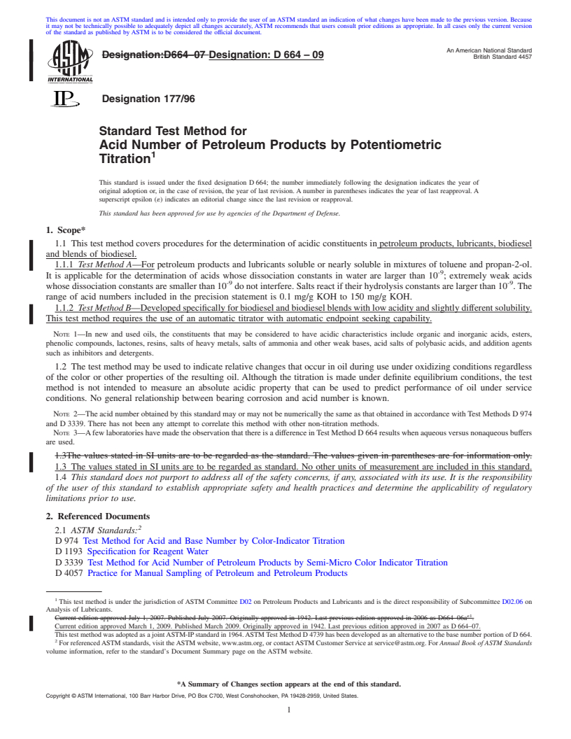 REDLINE ASTM D664-09 - Standard Test Method for Acid Number of Petroleum Products by Potentiometric Titration