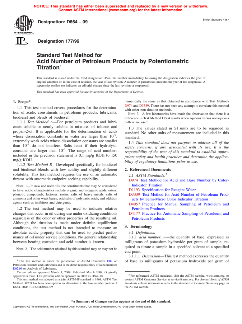 ASTM D664-09 - Standard Test Method for Acid Number of Petroleum Products by Potentiometric Titration