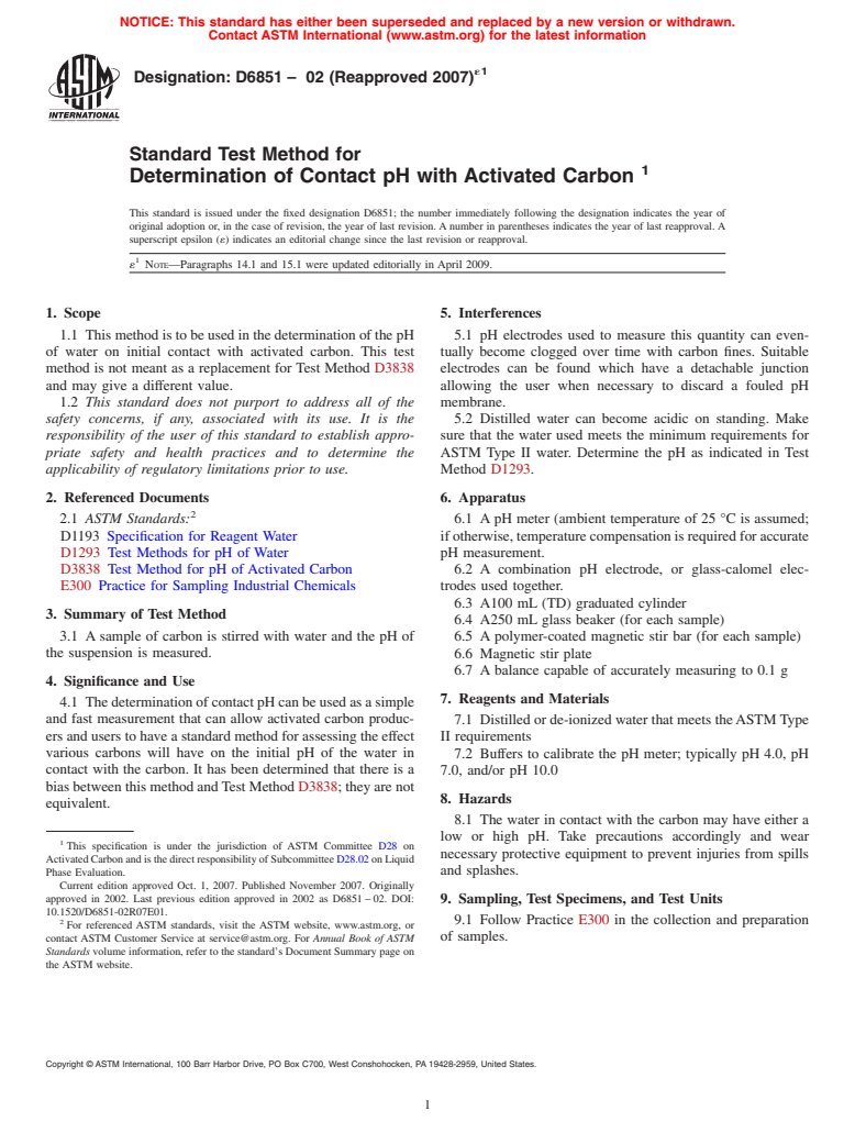 ASTM D6851-02(2007)e1 - Standard Test Method for Determination of Contact pH with Activated Carbon
