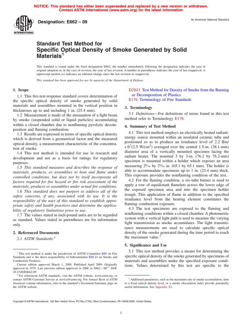 ASTM E662-09 - Standard Test Method for  Specific Optical Density of Smoke Generated by Solid Materials