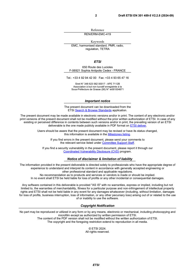 SIST EN 301 489-5 V2.3.1:2026 ETSI EN 301 489-5 V2.2.8 (2024-09) - ElectroMagnetic Compatibility (EMC) standard for radio equipment and services; Part 5: Specific conditions for Private land Mobile Radio (PMR) and ancillary equipment (speech and non-speech) and Terrestrial Trunked Radio (TETRA); Harmonised Standard for ElectroMagnetic Compatibility - Page 2 preview