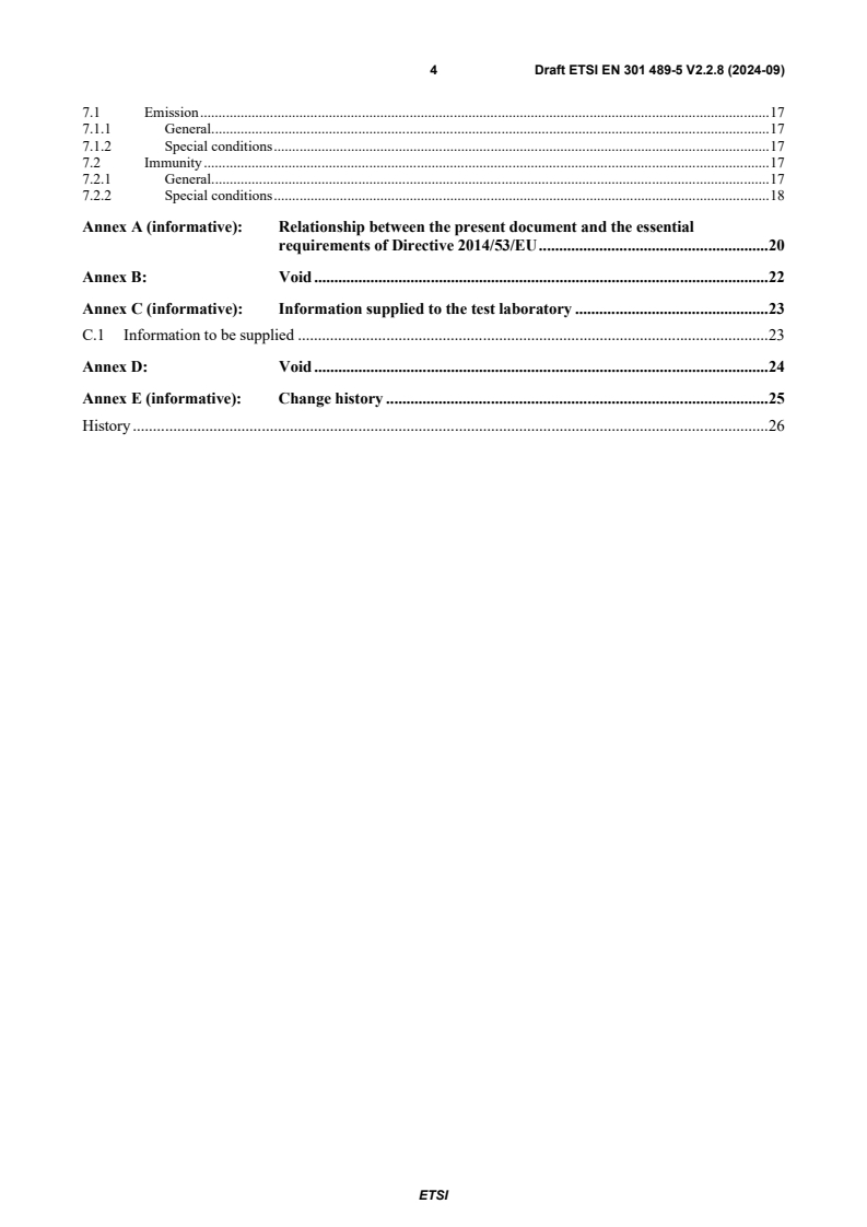 SIST EN 301 489-5 V2.3.1:2026 ETSI EN 301 489-5 V2.2.8 (2024-09) - ElectroMagnetic Compatibility (EMC) standard for radio equipment and services; Part 5: Specific conditions for Private land Mobile Radio (PMR) and ancillary equipment (speech and non-speech) and Terrestrial Trunked Radio (TETRA); Harmonised Standard for ElectroMagnetic Compatibility - Page 4 preview