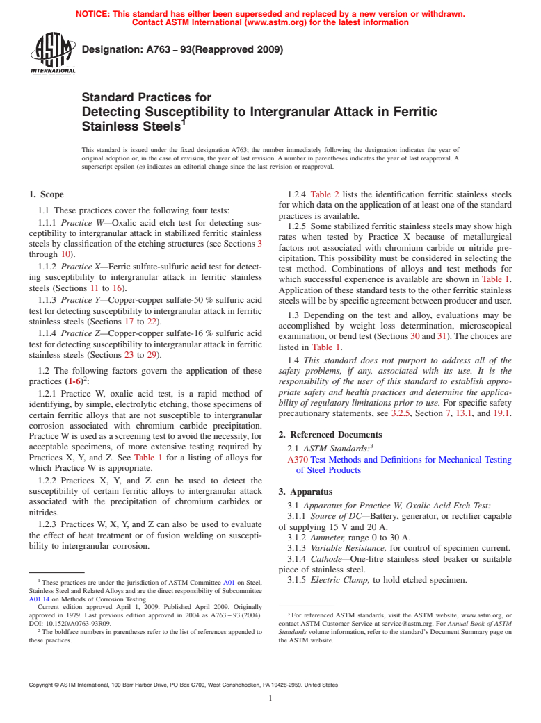 ASTM A763-93(2009) - Standard Practices for Detecting Susceptibility to Intergranular Attack in Ferritic Stainless Steels