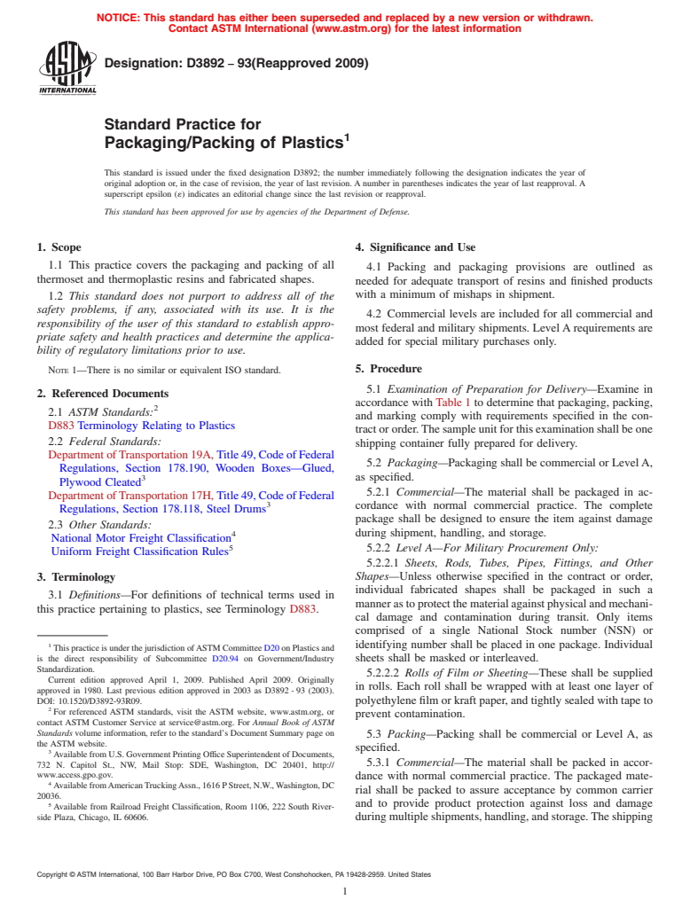 ASTM D3892-93(2009) - Standard Practice for Packaging/Packing of Plastics