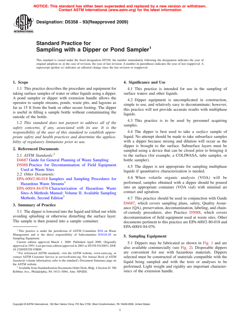 ASTM D5358-93(2009) - Standard Practice for Sampling with a Dipper or Pond Sampler