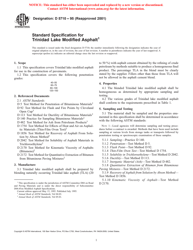 ASTM D5710-95(2001) - Standard Specification for Trinidad Lake Modified Asphalt