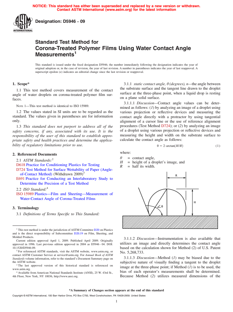 ASTM D5946-09 - Standard Test Method for Corona-Treated Polymer Films Using Water Contact Angle Measurements