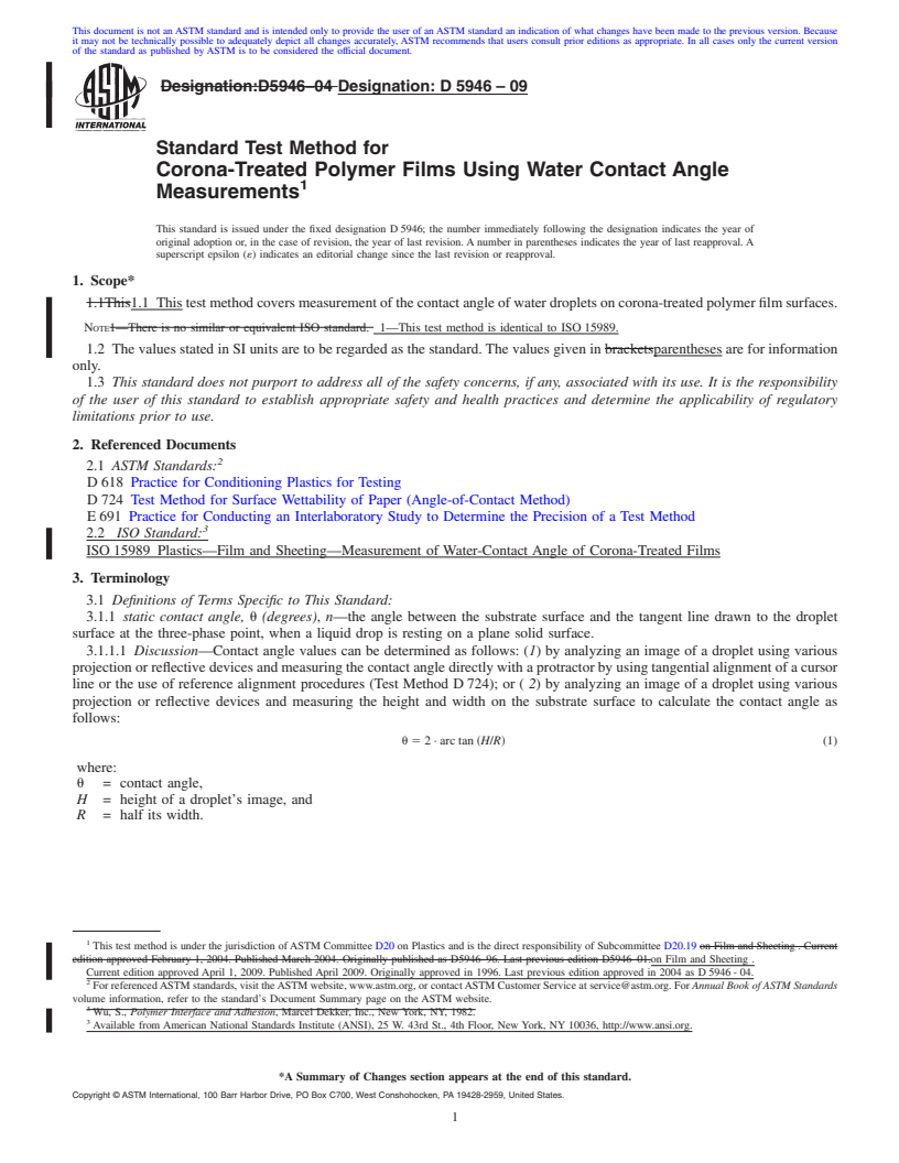 REDLINE ASTM D5946-09 - Standard Test Method for Corona-Treated Polymer Films Using Water Contact Angle Measurements