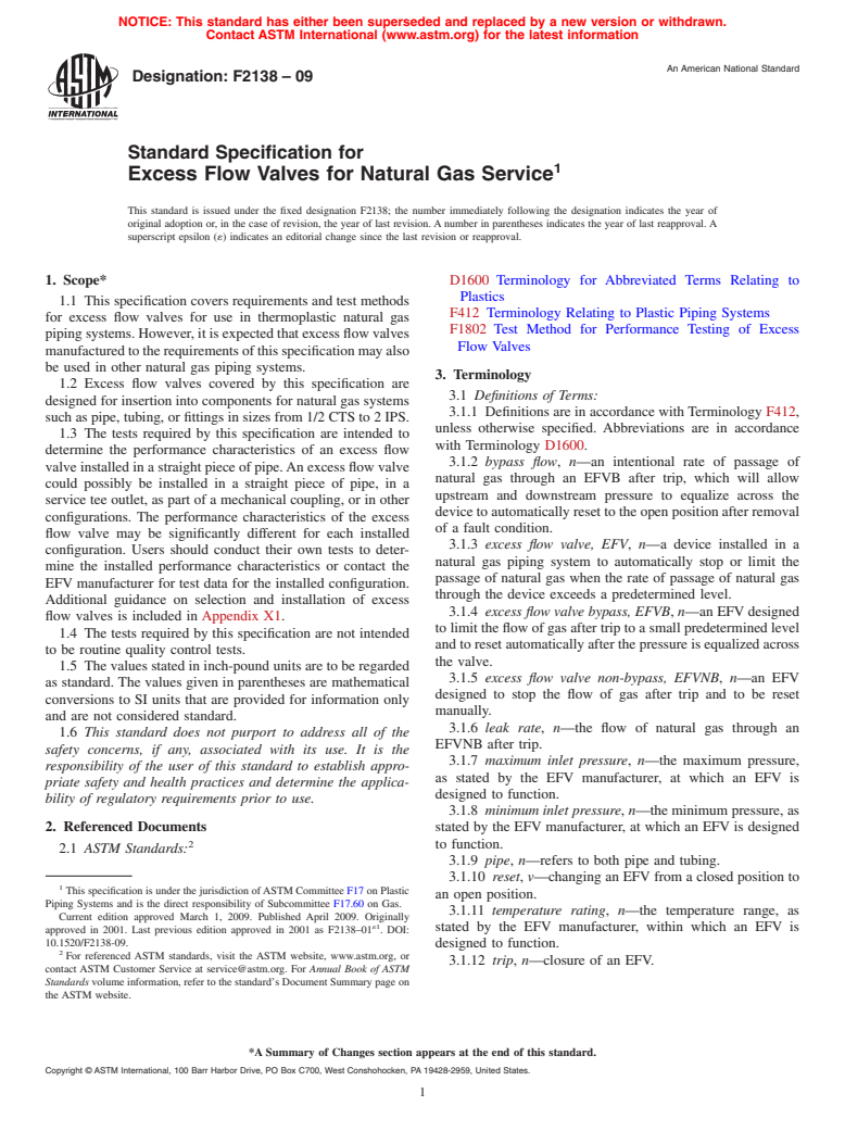 ASTM F2138-09 - Standard Specification for Excess Flow Valves for Natural Gas Service