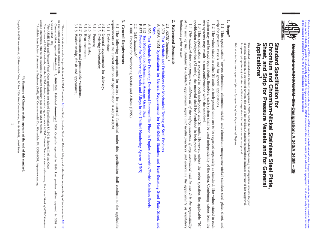 REDLINE ASTM A240/A240M-09 - Standard Specification for Chromium and Chromium-Nickel Stainless Steel Plate, Sheet, and Strip for Pressure Vessels and for General Applications
