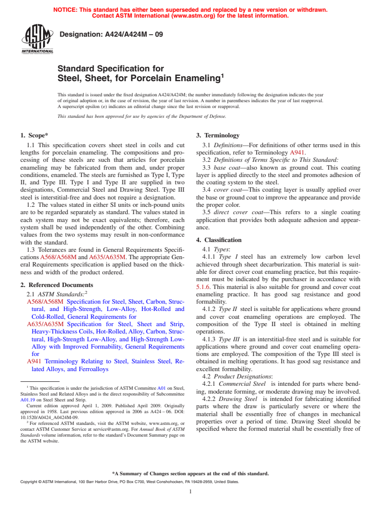 ASTM A424/A424M-09 - Standard Specification for Steel, Sheet, for Porcelain Enameling