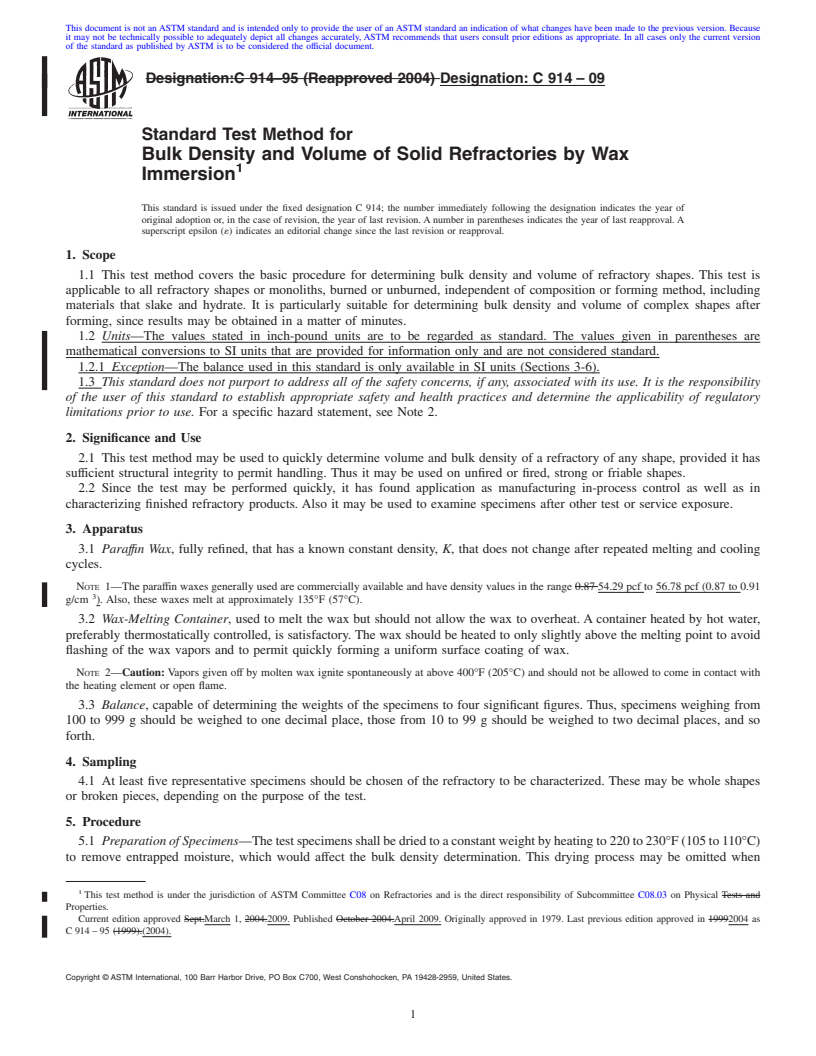 REDLINE ASTM C914-09 - Standard Test Method for Bulk Density and Volume of Solid Refractories by Wax Immersion