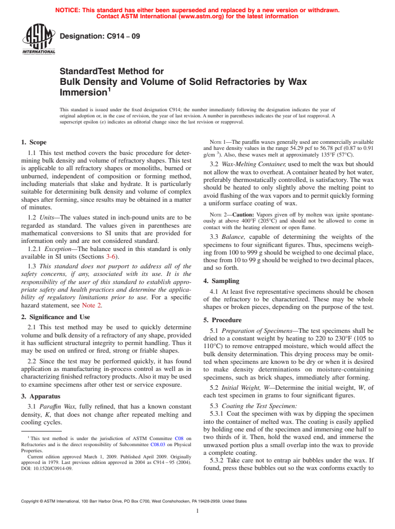 ASTM C914-09 - Standard Test Method for Bulk Density and Volume of Solid Refractories by Wax Immersion