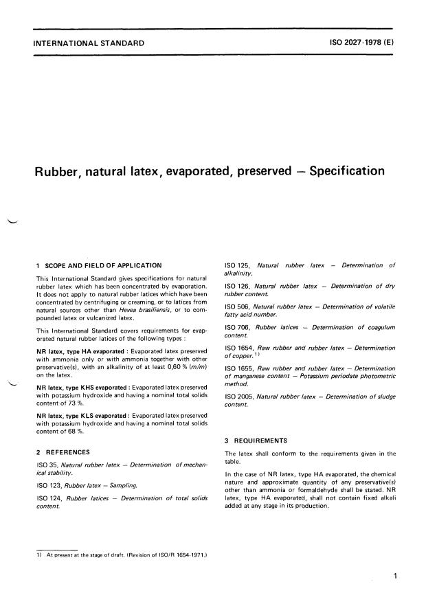 ISO 2027:1978 - Rubber, natural latex, evaporated, preserved -- Specification