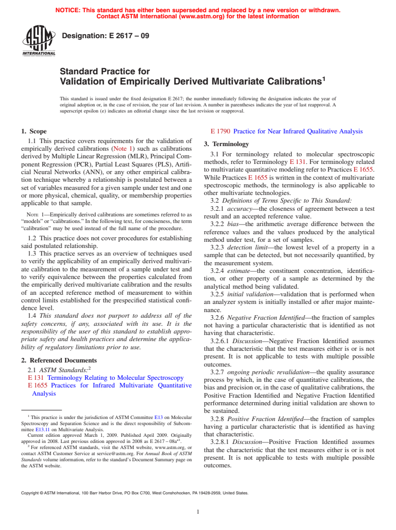 ASTM E2617-09 - Standard Practice for Validation of Empirically Derived Multivariate Calibrations