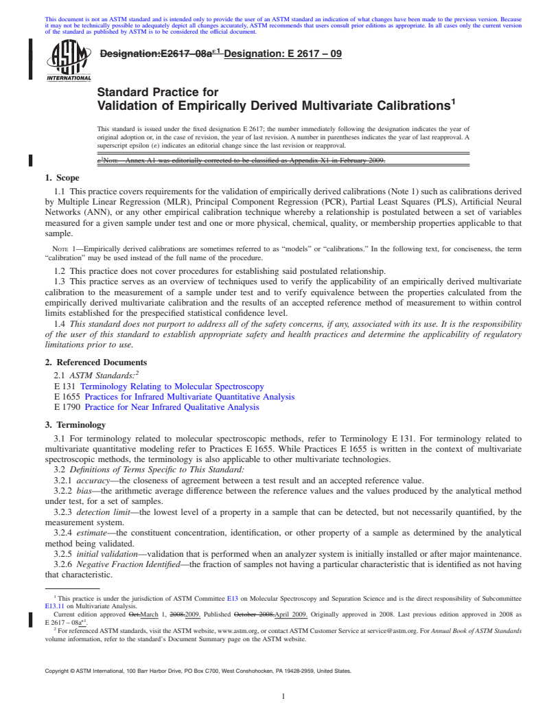 REDLINE ASTM E2617-09 - Standard Practice for Validation of Empirically Derived Multivariate Calibrations