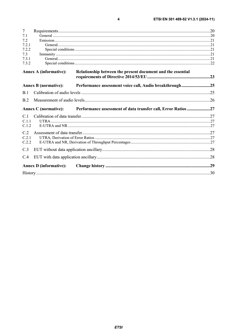SIST EN 301 489-52 V1.3.1:2025 ETSI EN 301 489-52 V1.3.1 (2024-11) - ElectroMagnetic Compatibility (EMC) standard for radio equipment and services; Part 52: Specific conditions for Cellular Communication User Equipment (UE) radio and ancillary equipment; Harmonised Standard for ElectroMagnetic Compatibility - Page 4 preview