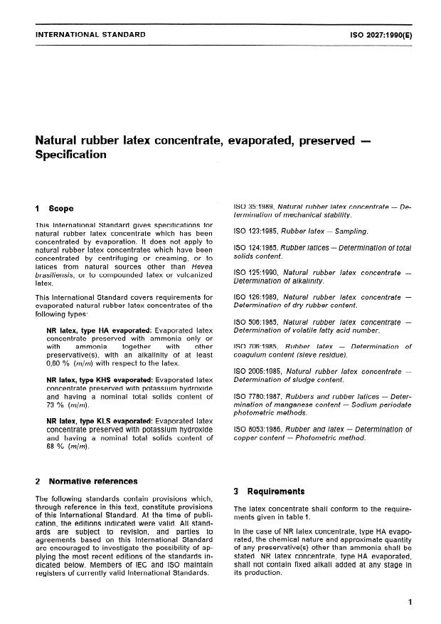 ISO 2027:1990 - Natural rubber latex concentrate, evaporated, preserved -- Specification