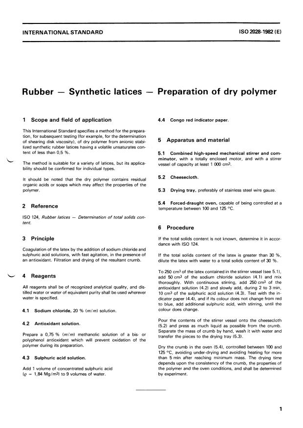 ISO 2028:1982 - Rubber -- Synthetic latices -- Preparation of dry polymer