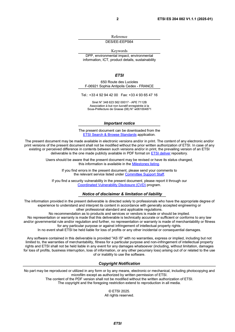 SIST ES 204 082 V1.1.1:2025 ETSI ES 204 082 V1.1.1 (2025-01) - Environmental Engineering (EE); An information model for digital product information on sustainability and circularity - Page 2 preview