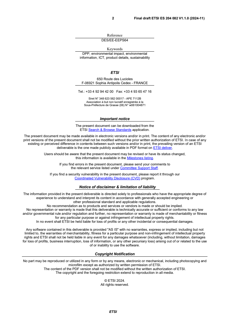 SIST ES 204 082 V1.1.1:2025 ETSI ES 204 082 V1.1.0 (2024-11) - Environmental Engineering (EE); An information model for digital product information on sustainability and circularity - Page 2 preview