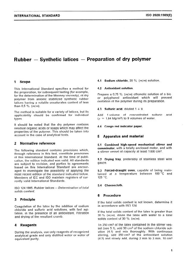 ISO 2028:1989 - Rubber -- Synthetic latices -- Preparation of dry polymer
