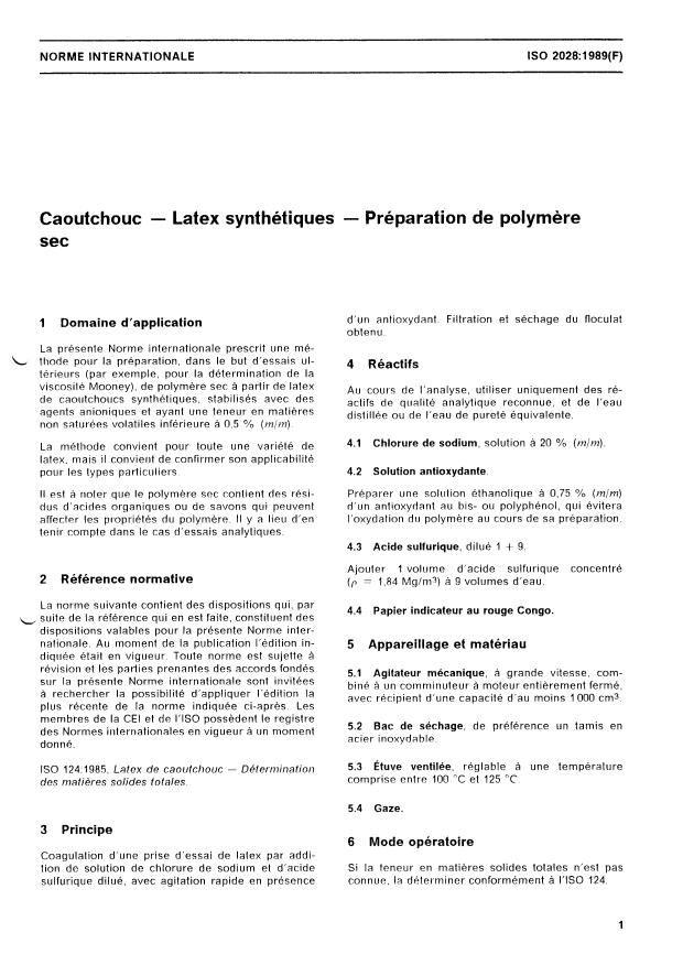 ISO 2028:1989 - Caoutchouc -- Latex synthétiques -- Préparation de polymere sec