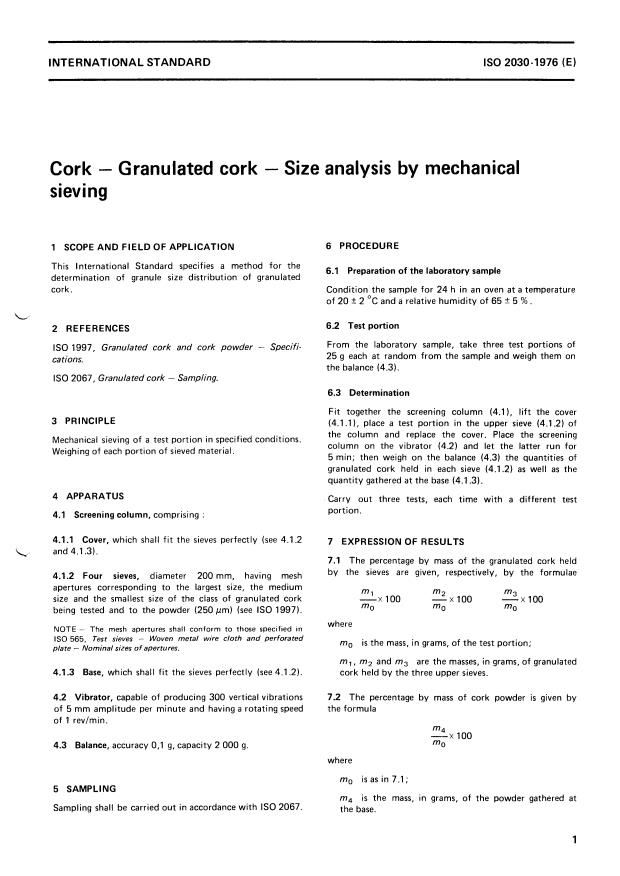 ISO 2030:1976 - Cork -- Granulated cork -- Size analysis by mechanical sieving