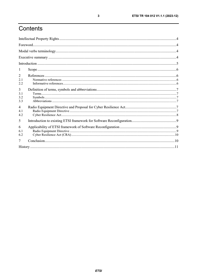 ETSI TR 104 012 V1.1.1 (2023-12) - Reconfigurable Radio Systems (RRS); Feasibility study of the usage of software reconfiguration for Radio Equipment Directive and Proposal for Cyber Resilience Act