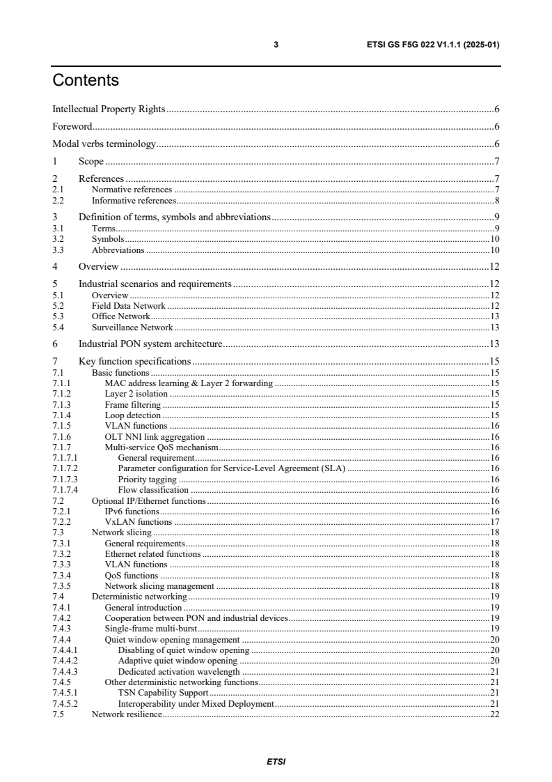 ETSI GS F5G 022 V1.1.1 (2025-01) - Fifth Generation Fixed Network (F5G); Specification for PON based Industrial Network