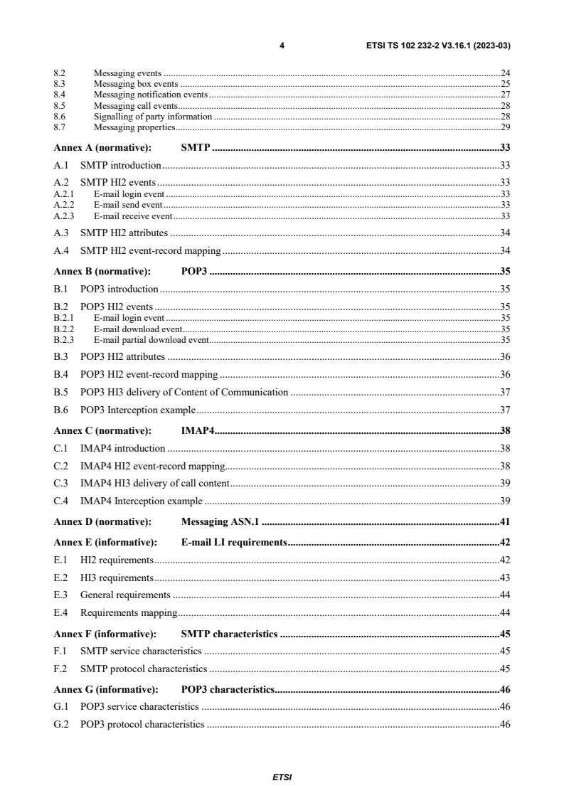 SIST-TS ETSI/TS 102 232-2 V3.16.1:2023 ETSI TS 102 232-2 V3.16.1 (2023-03) - Lawful Interception (LI); Handover Interface and Service-Specific Details (SSD) for IP delivery; Part 2: Service-specific details for messaging services - Page 4 preview