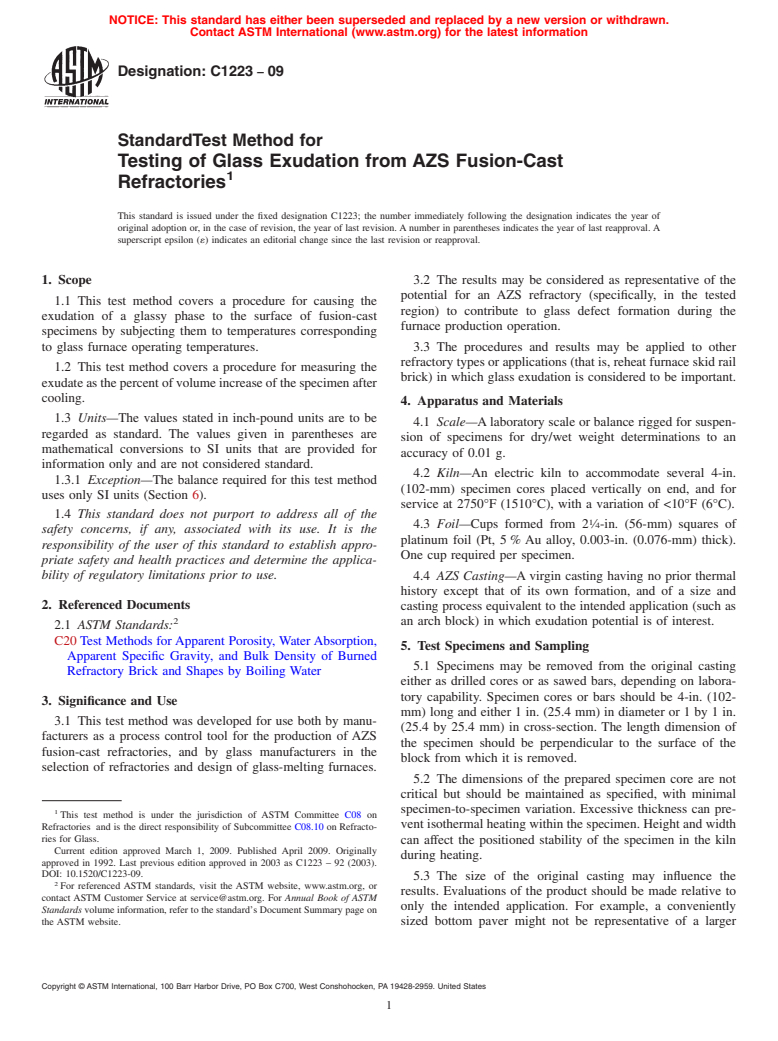 ASTM C1223-09 - Standard Test Method for Testing of Glass Exudation from AZS Fusion-Cast Refractories