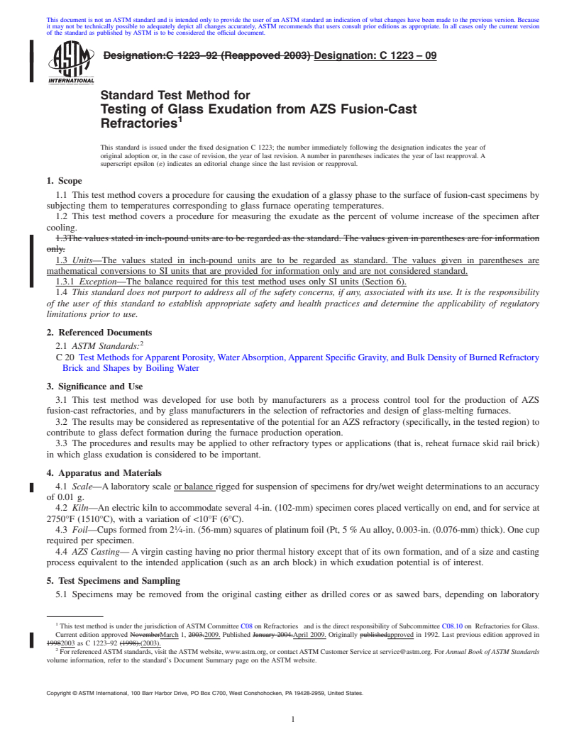 REDLINE ASTM C1223-09 - Standard Test Method for Testing of Glass Exudation from AZS Fusion-Cast Refractories