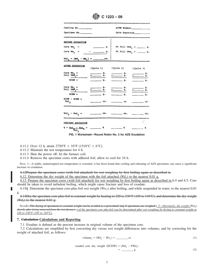 REDLINE ASTM C1223-09 - Standard Test Method for Testing of Glass Exudation from AZS Fusion-Cast Refractories