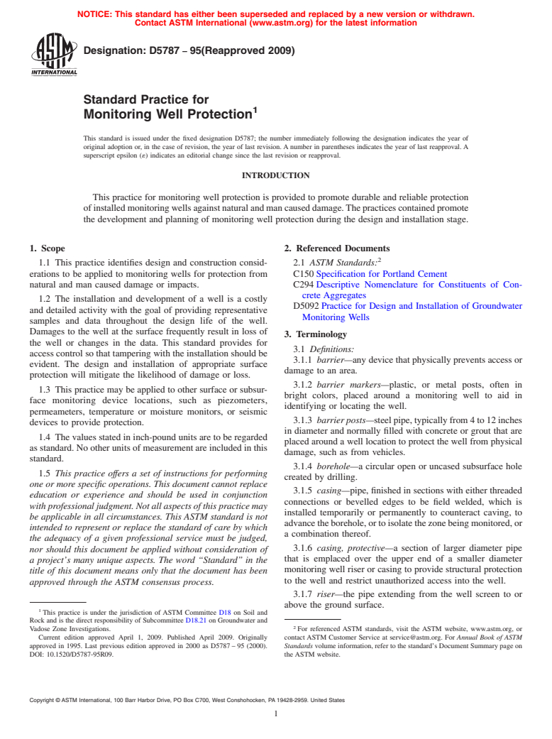 ASTM D5787-95(2009) - Standard Practice for Monitoring Well Protection