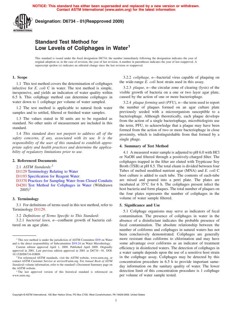 ASTM D6734-01(2009) - Standard Test Method for Low Levels of Coliphages in Water (Withdrawn 2015)