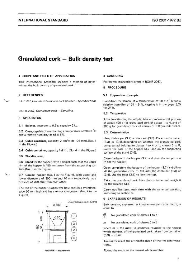 ISO 2031:1972 - Granulated cork -- Bulk density test