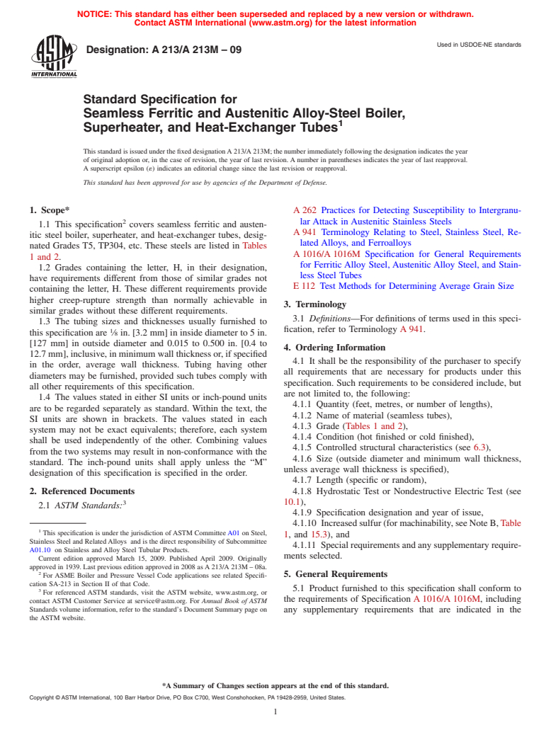 ASTM A213/A213M-09 - Standard Specification for  Seamless Ferritic and Austenitic Alloy-Steel Boiler, Superheater, and Heat-Exchanger Tubes