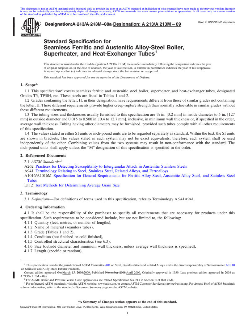 REDLINE ASTM A213/A213M-09 - Standard Specification for  Seamless Ferritic and Austenitic Alloy-Steel Boiler, Superheater, and Heat-Exchanger Tubes