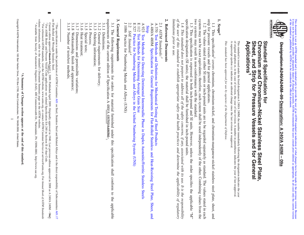 REDLINE ASTM A240/A240M-09a - Standard Specification for Chromium and Chromium-Nickel Stainless Steel Plate, Sheet, and Strip for Pressure Vessels and for General Applications