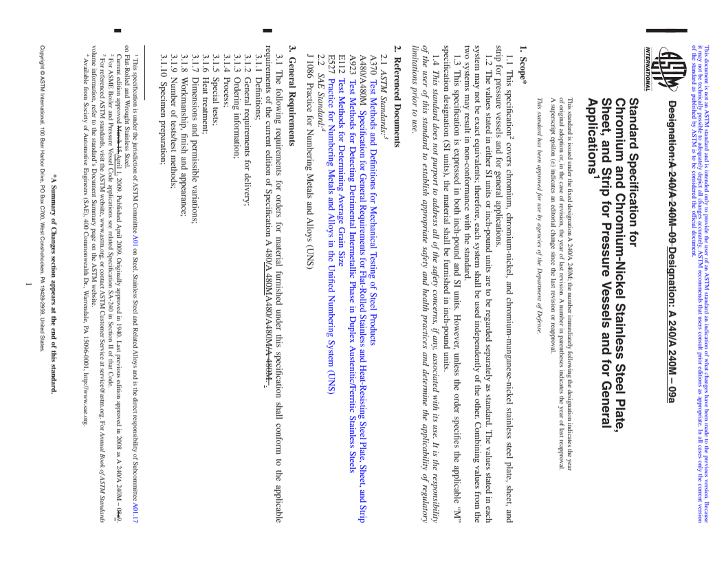 REDLINE ASTM A240/A240M-09a - Standard Specification for Chromium and Chromium-Nickel Stainless Steel Plate, Sheet, and Strip for Pressure Vessels and for General Applications