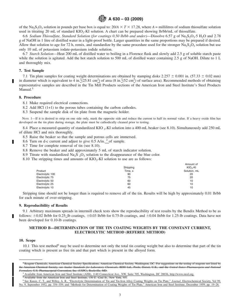 REDLINE ASTM A630-03(2009) - Standard Test Methods for Determination of Tin Coating Weights for Electrolytic Tin Plate