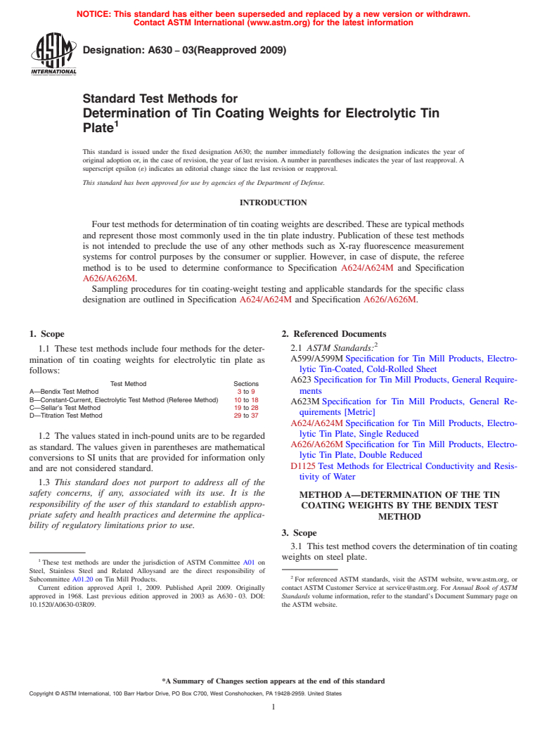 ASTM A630-03(2009) - Standard Test Methods for Determination of Tin Coating Weights for Electrolytic Tin Plate