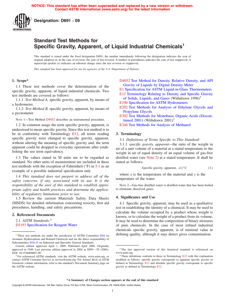 ASTM D891-09 - Standard Test Methods for Specific Gravity, Apparent, of Liquid Industrial Chemicals (Withdrawn 2018)