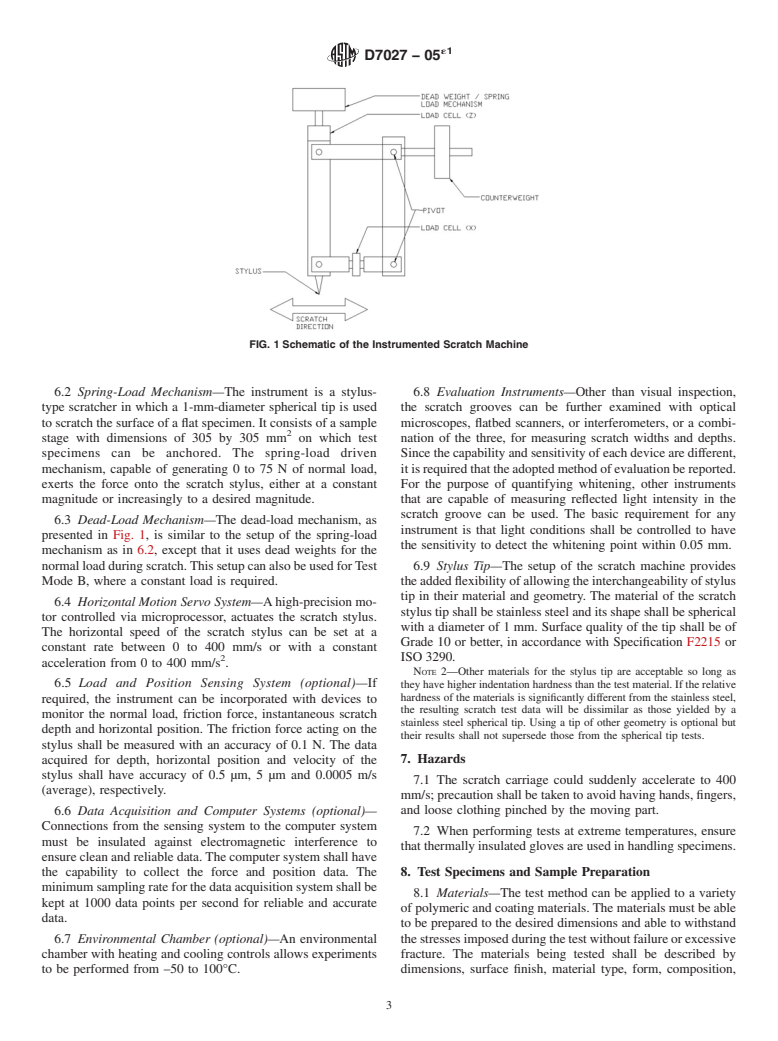 ASTM D7027-05e1 - Standard Test Method for Evaluation of Scratch Resistance of Polymeric Coatings and Plastics Using an Instrumented Scratch Machine