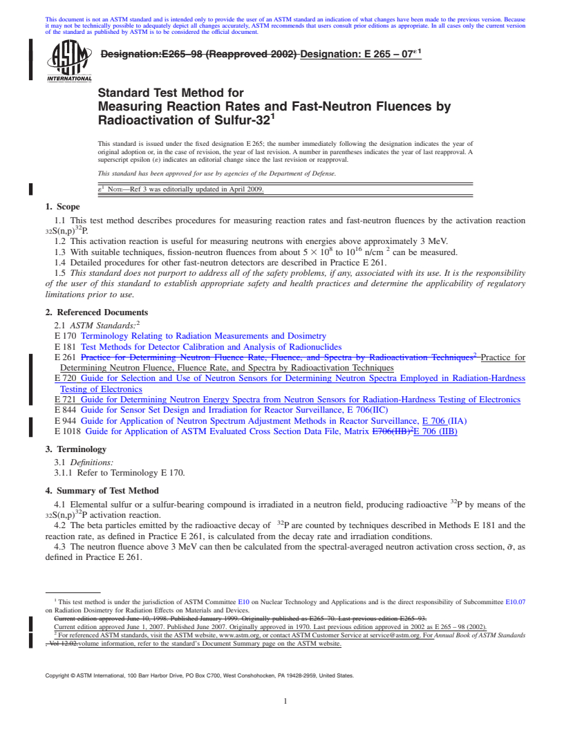 REDLINE ASTM E265-07e1 - Standard Test Method for Measuring Reaction Rates and Fast-Neutron Fluences by Radioactivation of Sulfur-32