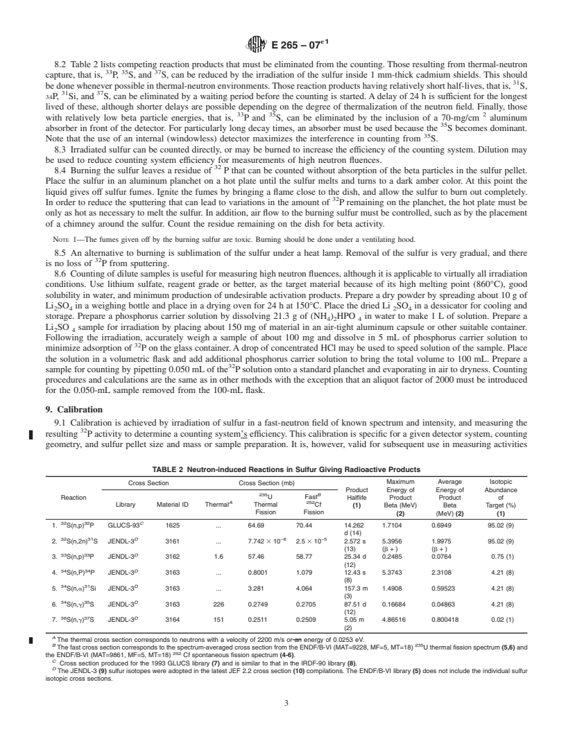 REDLINE ASTM E265-07e1 - Standard Test Method for Measuring Reaction Rates and Fast-Neutron Fluences by Radioactivation of Sulfur-32