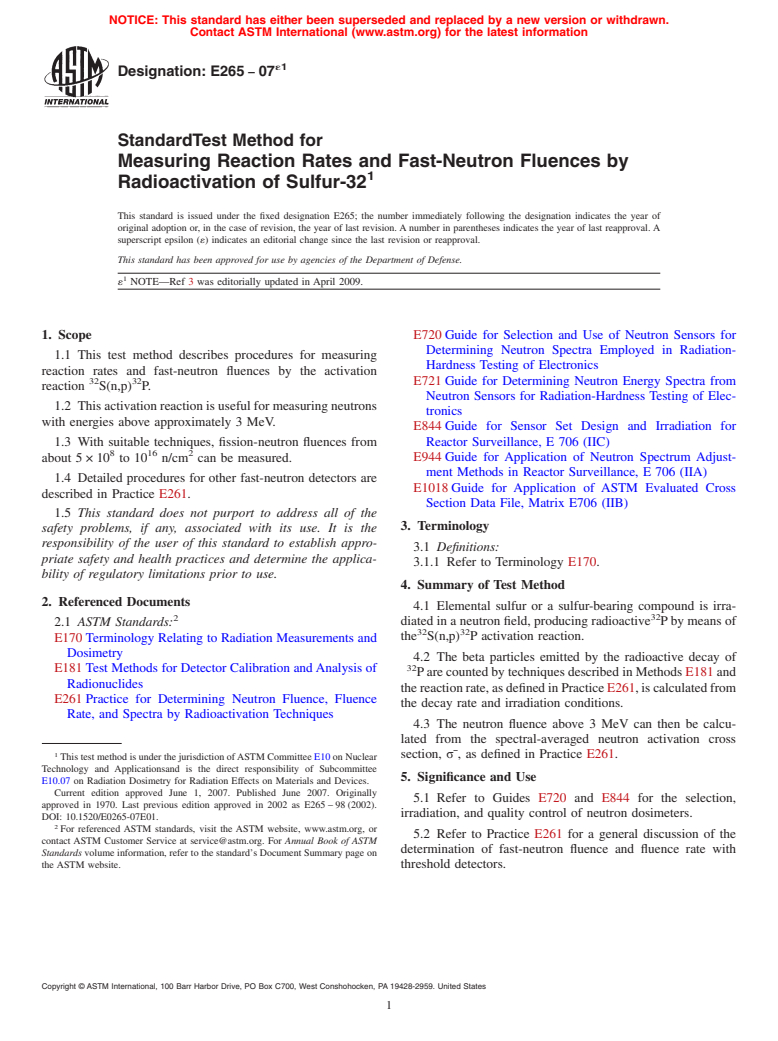 ASTM E265-07e1 - Standard Test Method for Measuring Reaction Rates and Fast-Neutron Fluences by Radioactivation of Sulfur-32