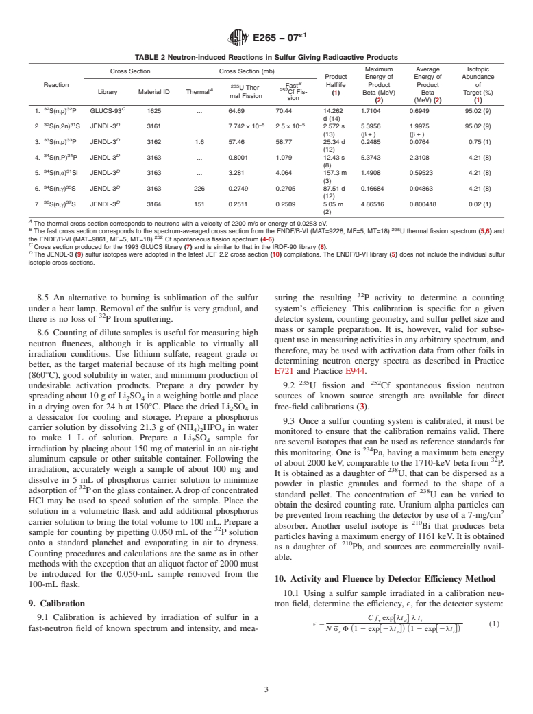 ASTM E265-07e1 - Standard Test Method for Measuring Reaction Rates and Fast-Neutron Fluences by Radioactivation of Sulfur-32