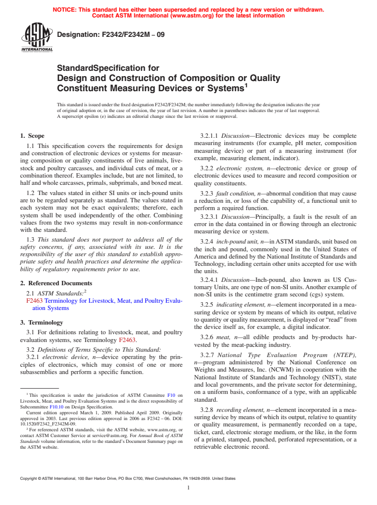 ASTM F2342/F2342M-09 - Standard Specification for Design and Construction of Composition or Quality Constituent Measuring Devices or Systems